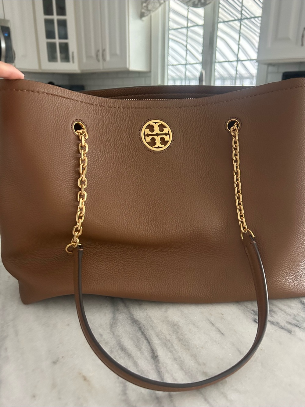 Tory Burch Brown Pebbled Leather Chain-Handle Tote